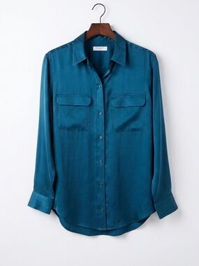 Equipment Femme 100% Silk Slim Button Down Shirt Teal Blue Quiet Luxury